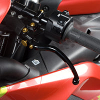 Moto-Tron lightweight racing folding clutch lever installed on Yamaha MT125, YZF R125, R25, and R3 motorcycle.