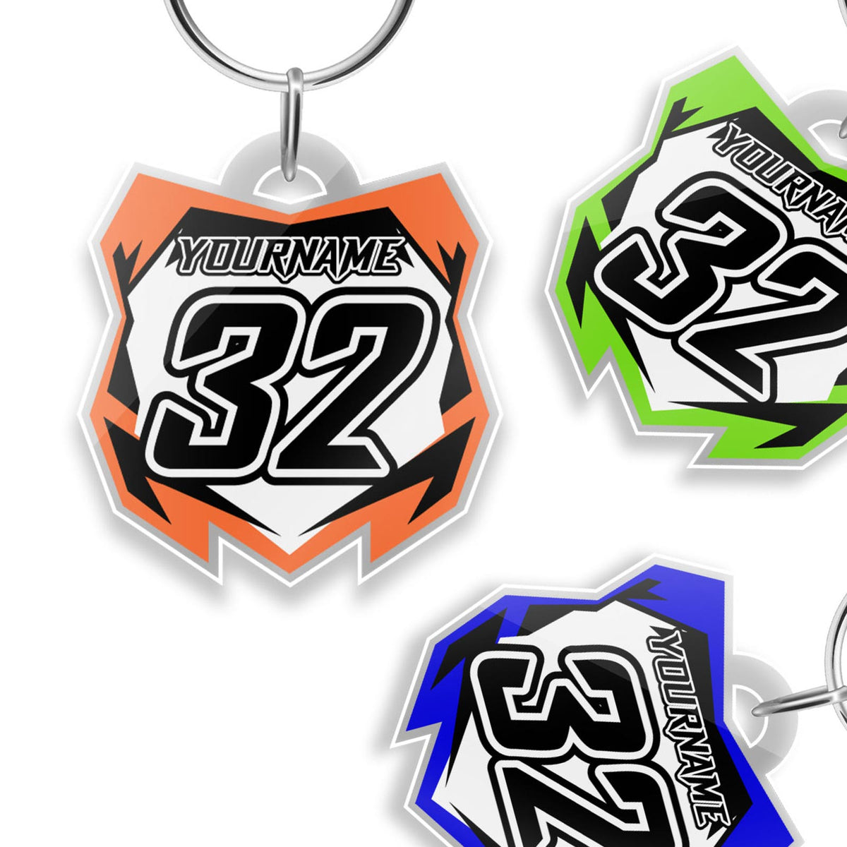 Custom acrylic MX Racing Number Plate keychain featuring MX02 style, designed by StickerBao, with vibrant racing graphics.