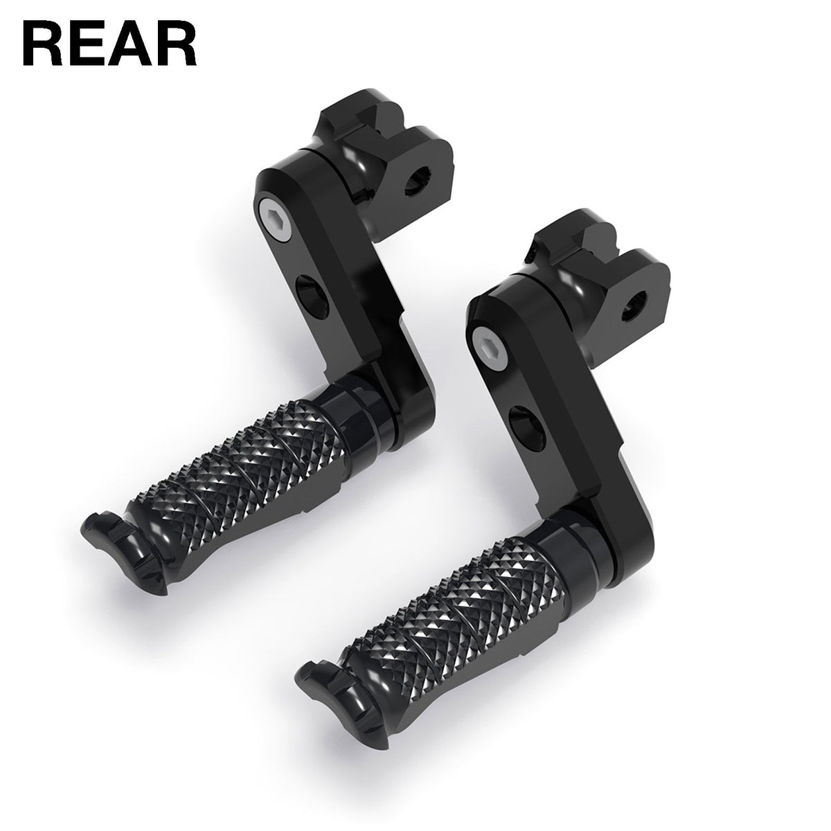 Rear 50mm extension foot pegs for Aprilia RSV1000 Tuono V4R, black MC Motoparts R-FIGHT foot pegs, detailed close-up image.