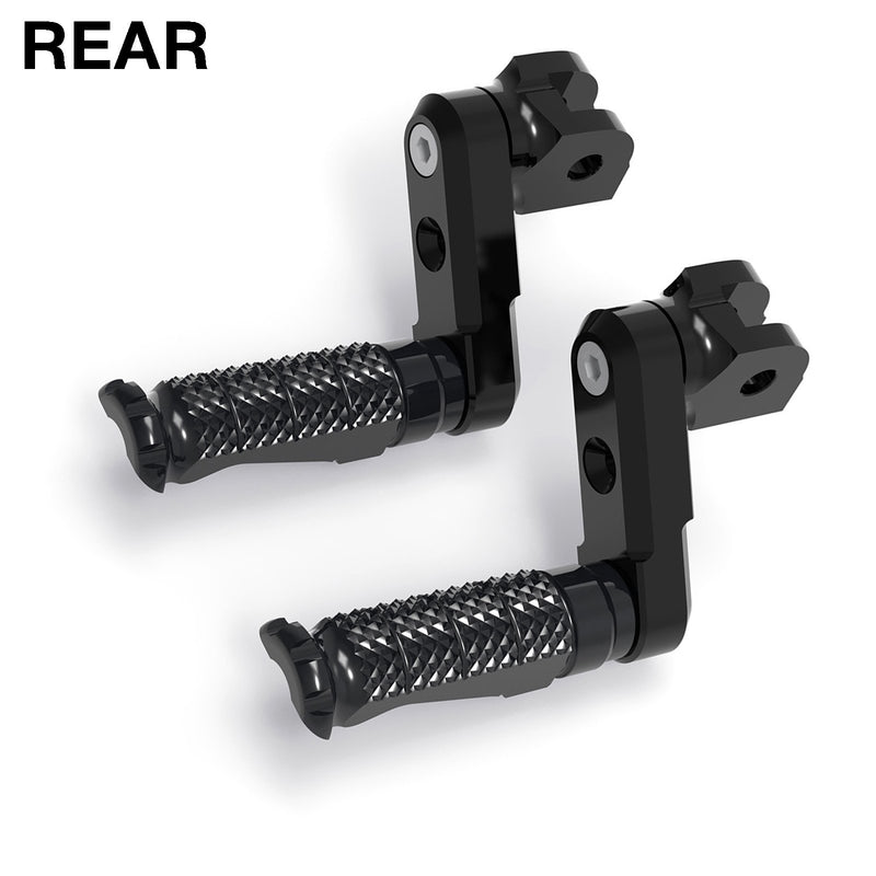 Rear 50mm extension foot pegs for Yamaha MT-125 and XMAX 125/300 by MC Motoparts, shown installed on motorcycle.