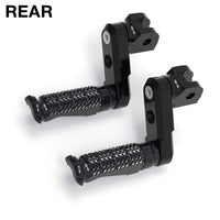 Rear 25mm adjustable foot pegs for Honda CBR1000RR-R, CB125R, Rebel 500 by MC Motoparts, shown in black with mounting hardware.