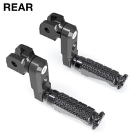 Kawasaki Ninja ZX-4RR rear 50mm adjustable foot pegs by MC Motoparts, shown mounted on motorcycle with detailed metal finish.