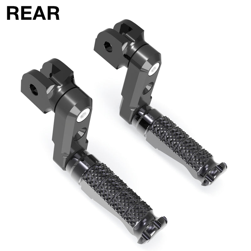 Rear 50mm adjustable foot pegs for Ducati Supersport 950 and Scrambler Nightshift by MC Motoparts, shown installed on motorcycle.