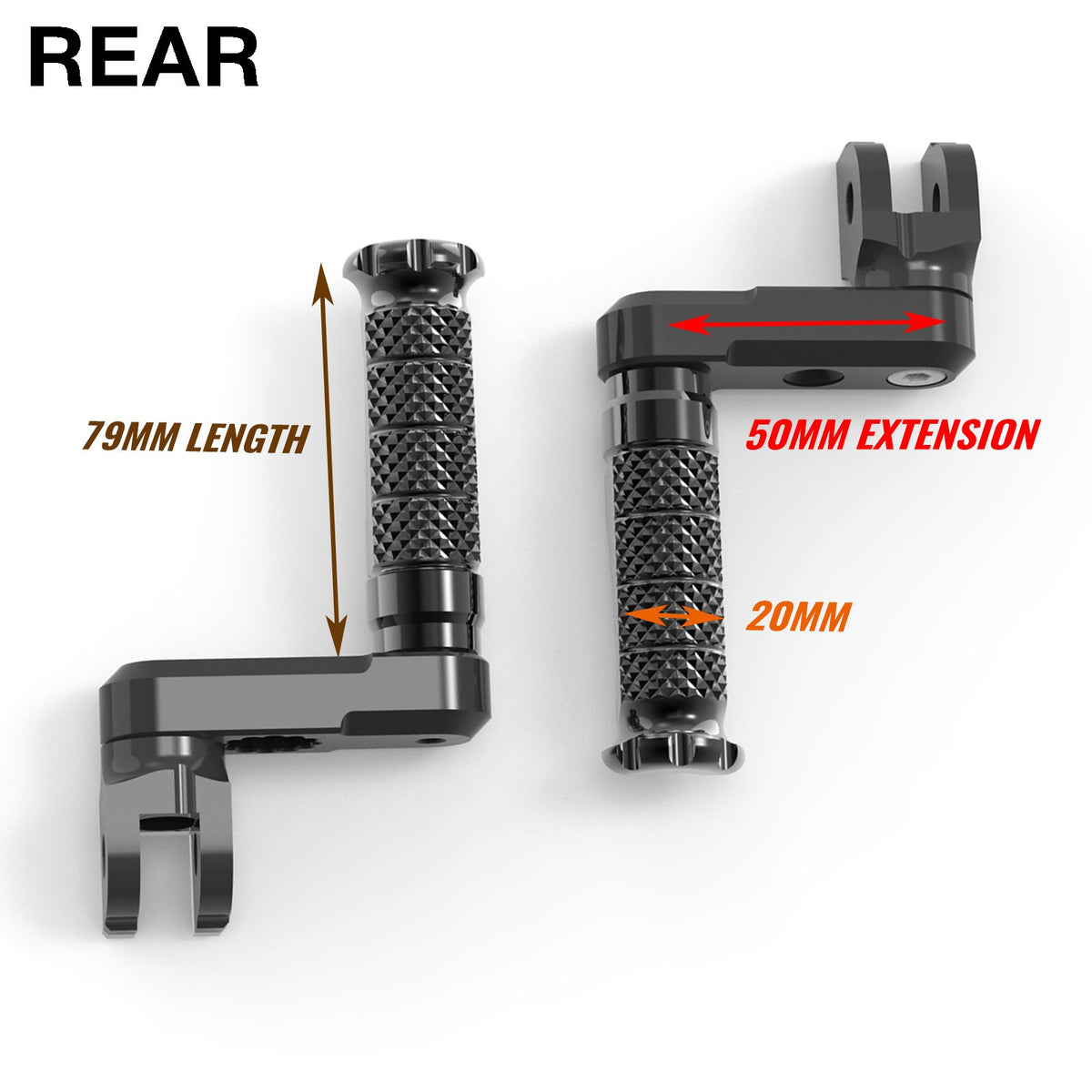 Rear 50mm extension foot pegs for Yamaha MT-125, XMAX 125 and 300, by MC Motoparts, shown on motorcycle footpeg attachment.