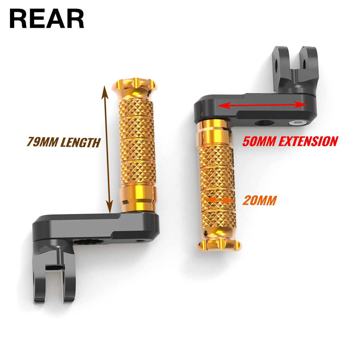 Rear 50mm extension foot pegs for Aprilia Tuono 660 and RSV4 1100 by MC Motoparts, designed for lowered riding comfort.