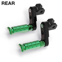 Rear 50mm extension foot pegs for Kawasaki ZX-6R ZX-9R Ninja 400 650 by MC Motoparts, showing sturdy metal construction and mounting hardware.