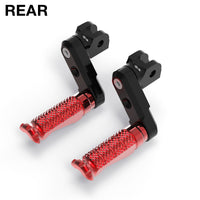 Rear 50mm extension foot pegs for Aprilia RSV1000 Tuono V4R from MC Motoparts, shown installed on the motorcycle.