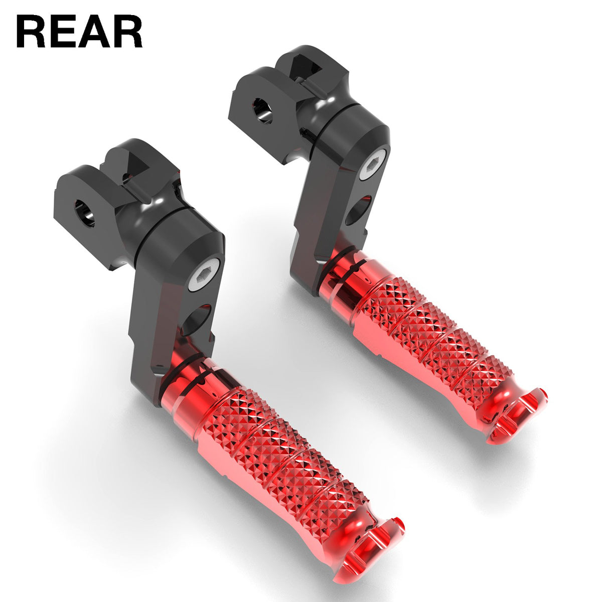 MC Motoparts 50mm adjustable rear foot pegs for Ducati Supersport 950 and Scrambler Nightshift, mounting hardware included.