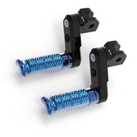 Front view of MC Motoparts 50mm extension foot pegs for Triumph Daytona 675 Thruxton R, showcasing adjustable design and metal finish.
