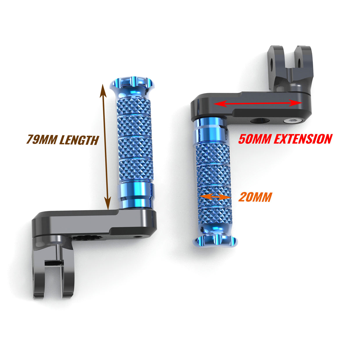 Front view of MC Motoparts 50mm extension foot pegs for Triumph Daytona 675 Thruxton R motorcycle, showing adjustable design and metal finish.