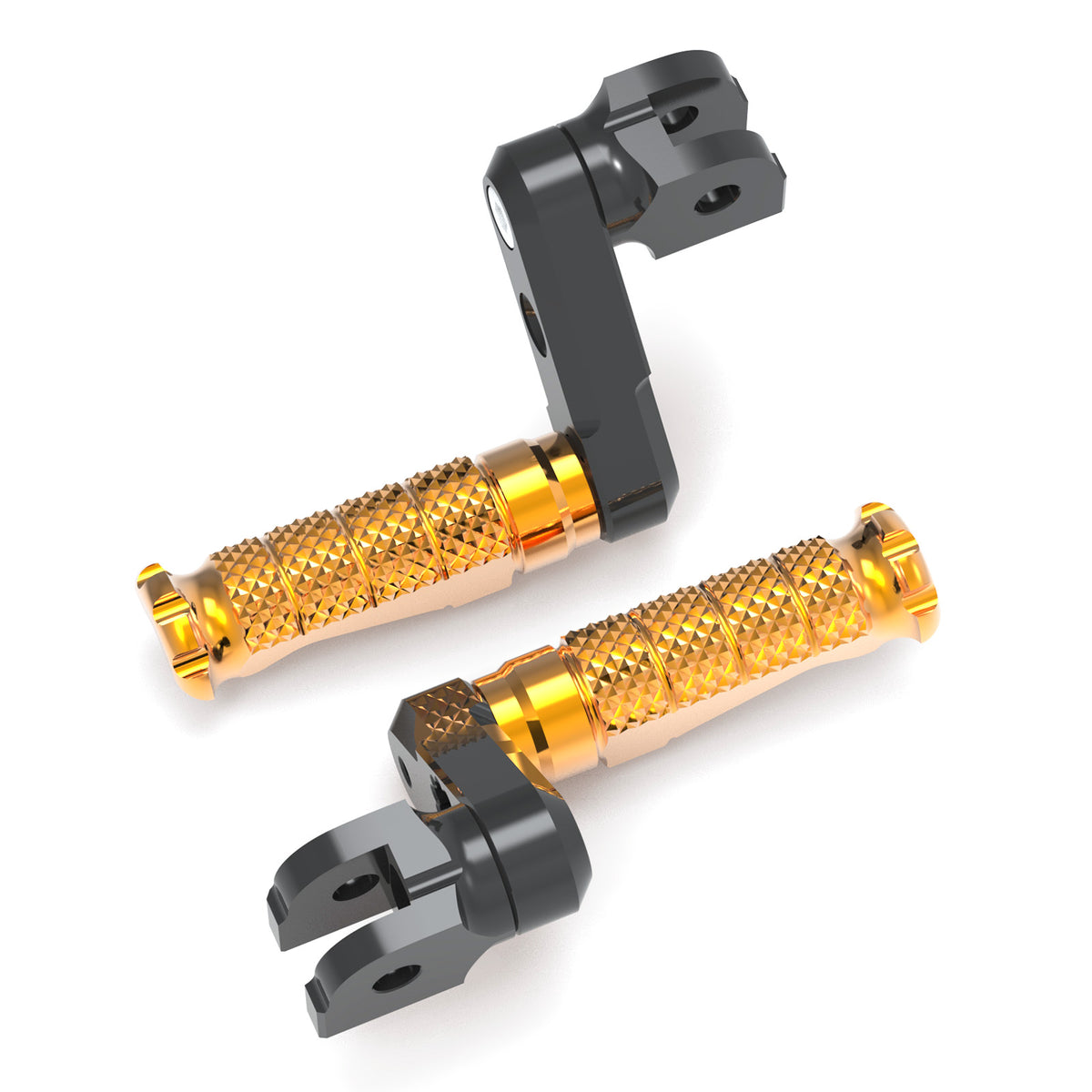Front view of MC Motoparts 50mm extension foot pegs for Triumph Speed Triple Street Cup, showing black adjustable foot pegs installed.
