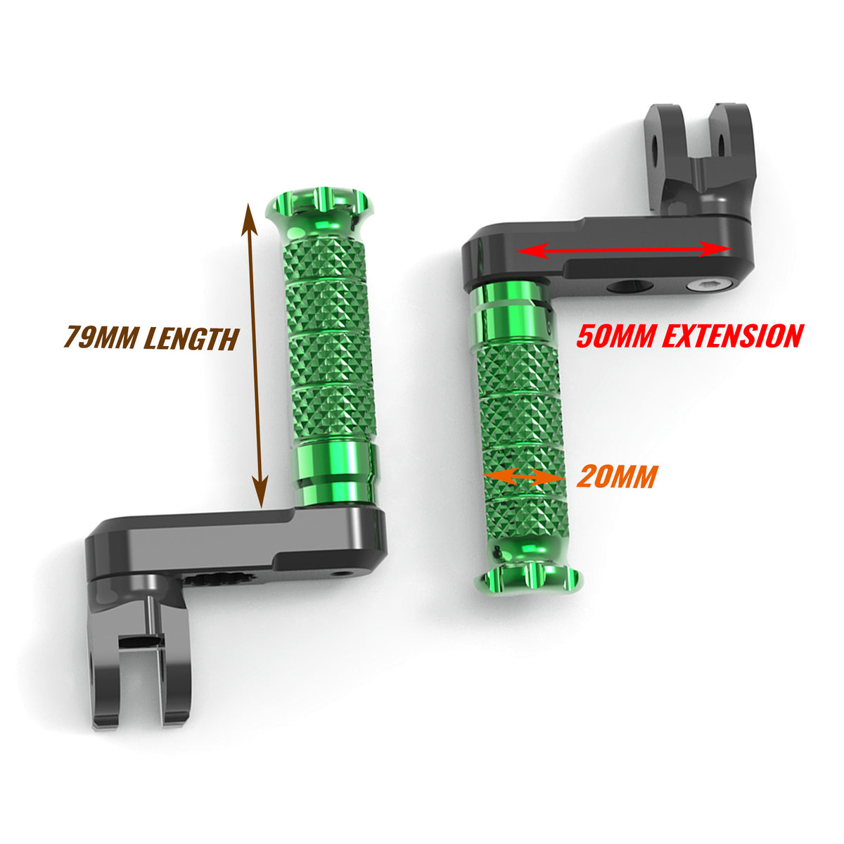 Black 50mm extension foot pegs for Honda CB1000R, CB500X, CB600F by MC Motoparts, shown from the front view.