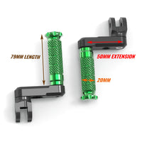 Front view of MC Motoparts 50mm adjustable extension foot pegs for Yamaha YZF R1 R3 R6 R25 and R125 motorcycle.