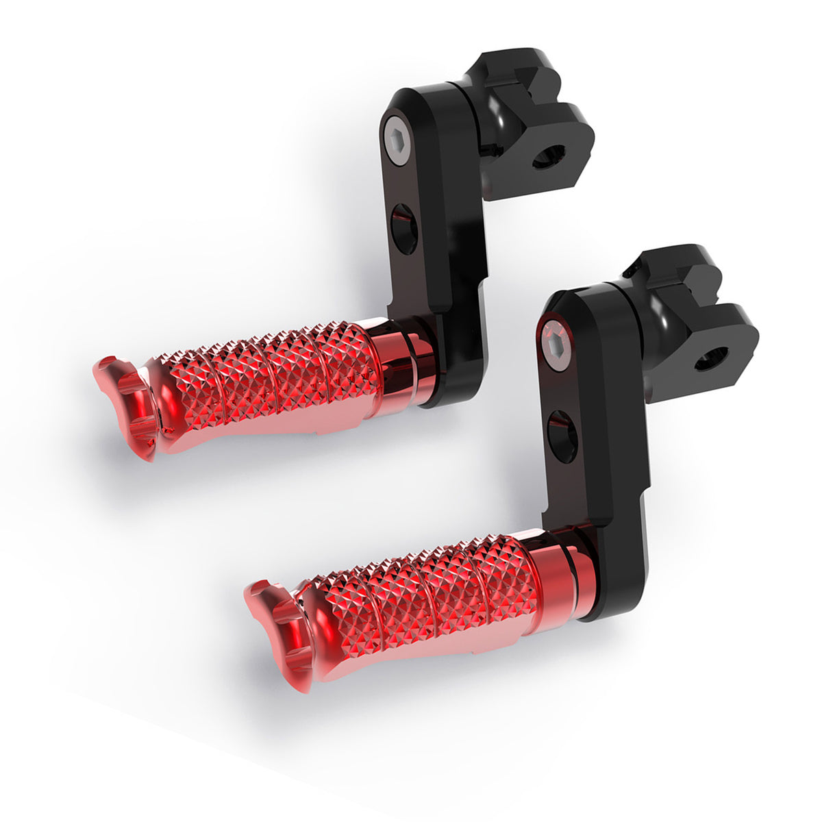 Front view of black MC Motoparts 50mm extension foot pegs for Triumph Daytona 675 Thruxton R, adjustable motorcycle foot pegs.