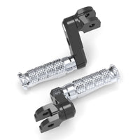 Front view of MC Motoparts 50mm extension foot pegs for Triumph Speed Triple Street Cup, showing adjustable metal footrests.