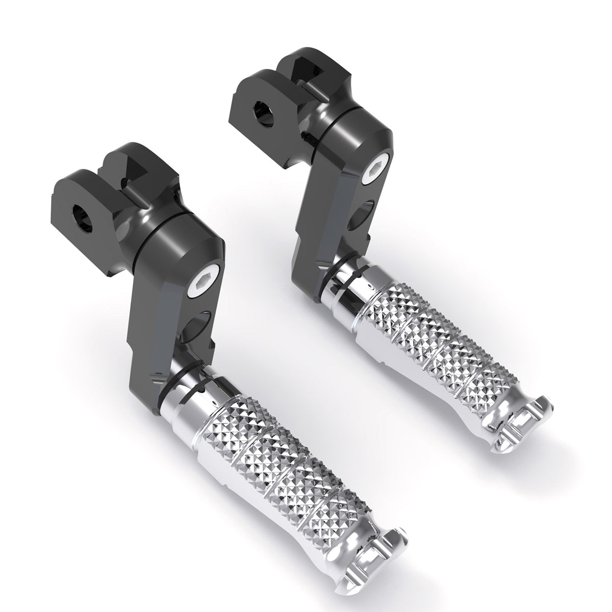 Front view of MC Motoparts 50mm extension foot pegs for Suzuki DL1000, DL650, GW250, showcasing adjustable design and durable metal construction.
