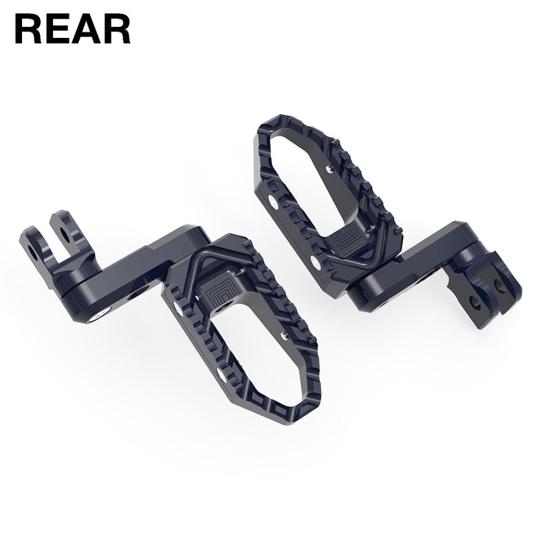 Rear 50mm adjustable touring wide foot pegs for Moto Guzzi V9, V7, V100 by MC Motoparts, featuring extended black foot pegs.