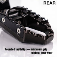 Rear 50mm adjustable touring wide foot pegs for Kawasaki Z750 Z1000 by MC Motoparts, with black finish and extended design.