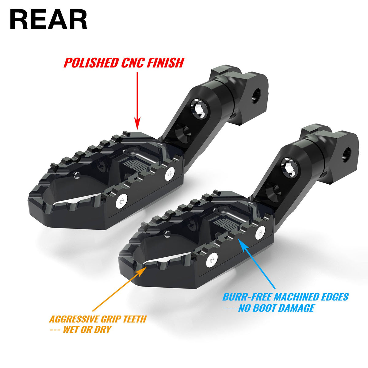 Rear 50mm extension touring foot pegs for Kawasaki ZH2, ZX-10R, Ninja 7, by MC Motoparts, adjustable wide foot pegs for riding comfort.