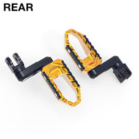 Rear 50mm adjustable touring wide foot pegs for Moto Guzzi V9 V7 V100, by MC Motoparts, shown on black motorcycle.