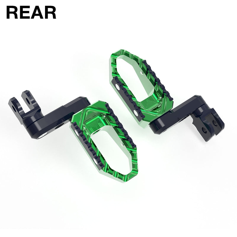 Rear 50mm adjustable touring wide foot pegs for Kawasaki Z750 Z1000, MC Motoparts extension foot pegs on black finish.