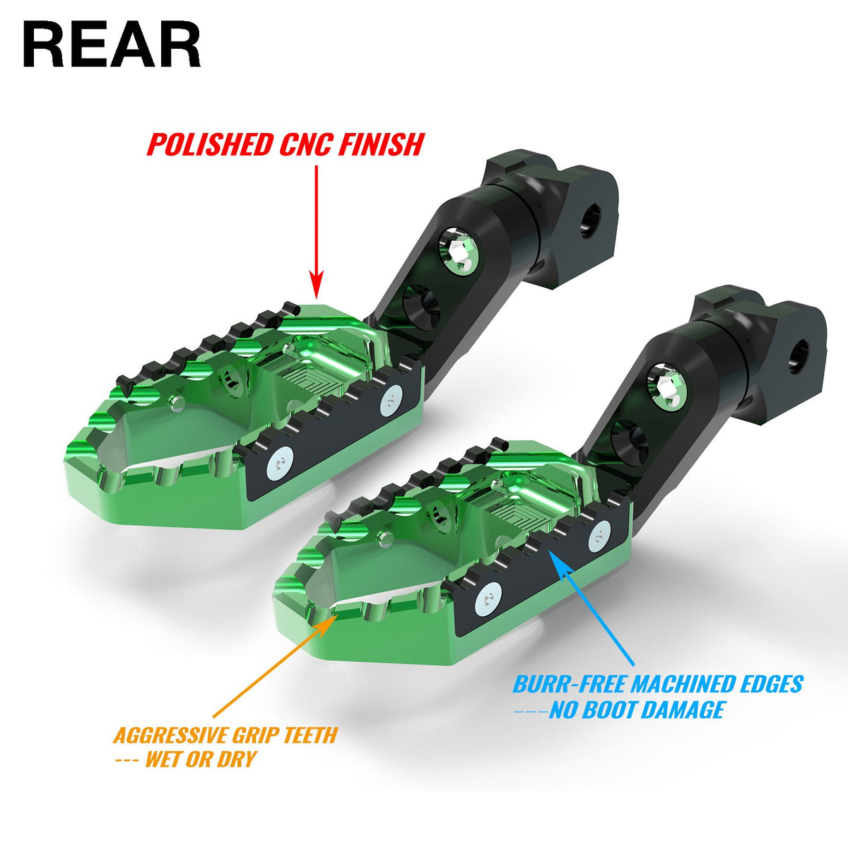 Rear 50mm extension touring foot pegs for Aprilia Tuono 660 RSV4 1100 RS660 by MC Motoparts, wide and durable for comfortable riding.