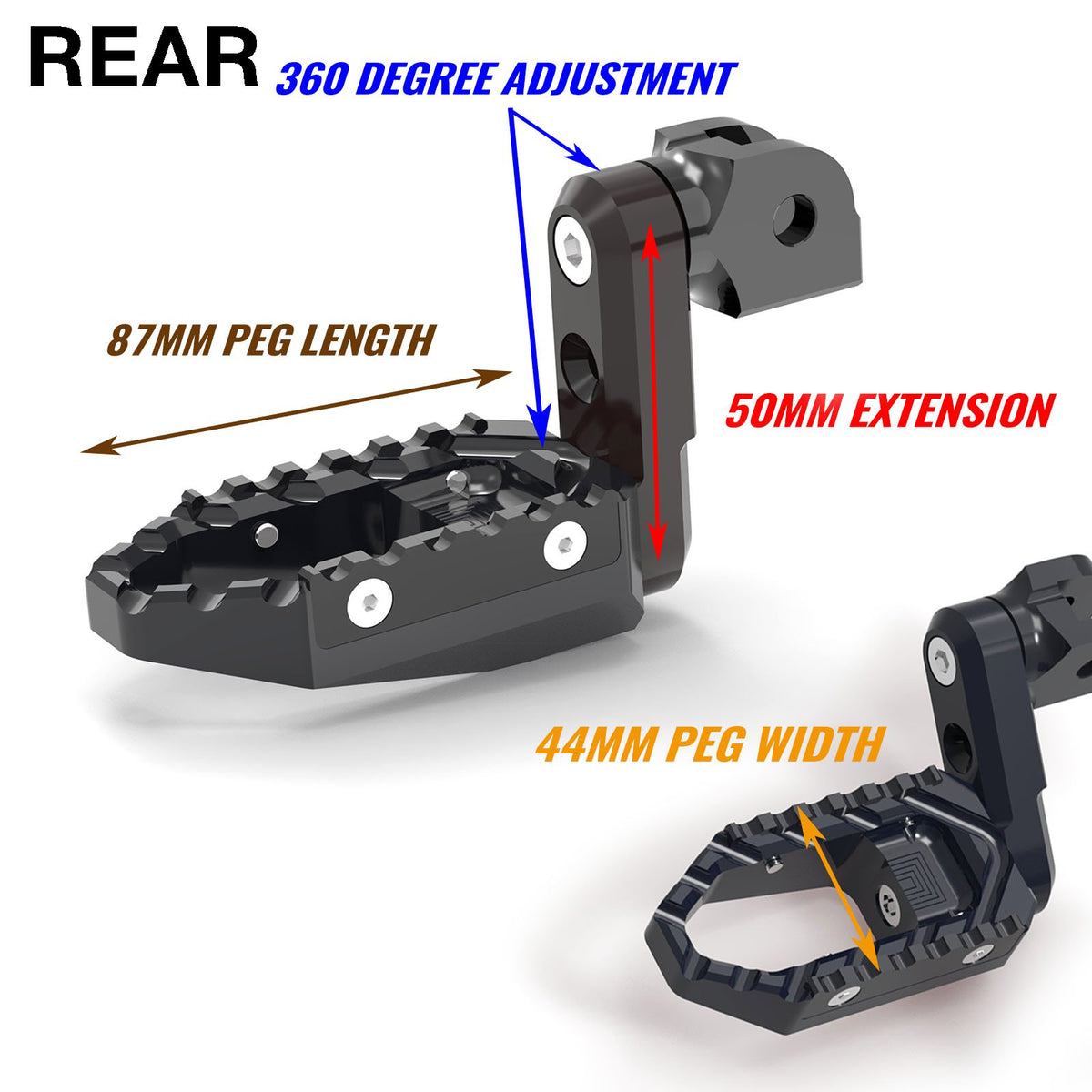 Rear 50mm extension touring foot pegs for Honda CBR1000RR and CBR600RR by MC Motoparts, with wide, adjustable design.