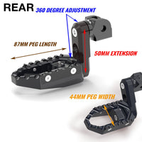 Rear 50mm extension touring foot pegs for Aprilia Tuono 660 RSV4 1100 RS660 by MC Motoparts, black, wide and durable.