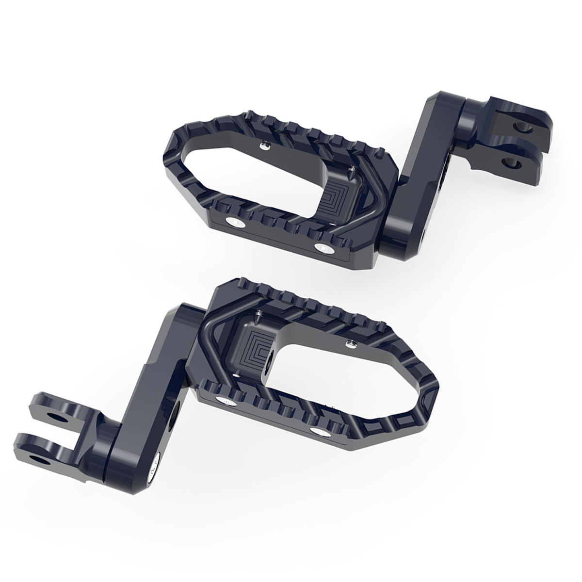 Front view of MC Motoparts 40mm extension touring foot pegs for Kawasaki Ninja 650R, 300, 400 TRC with wide multi-step design.