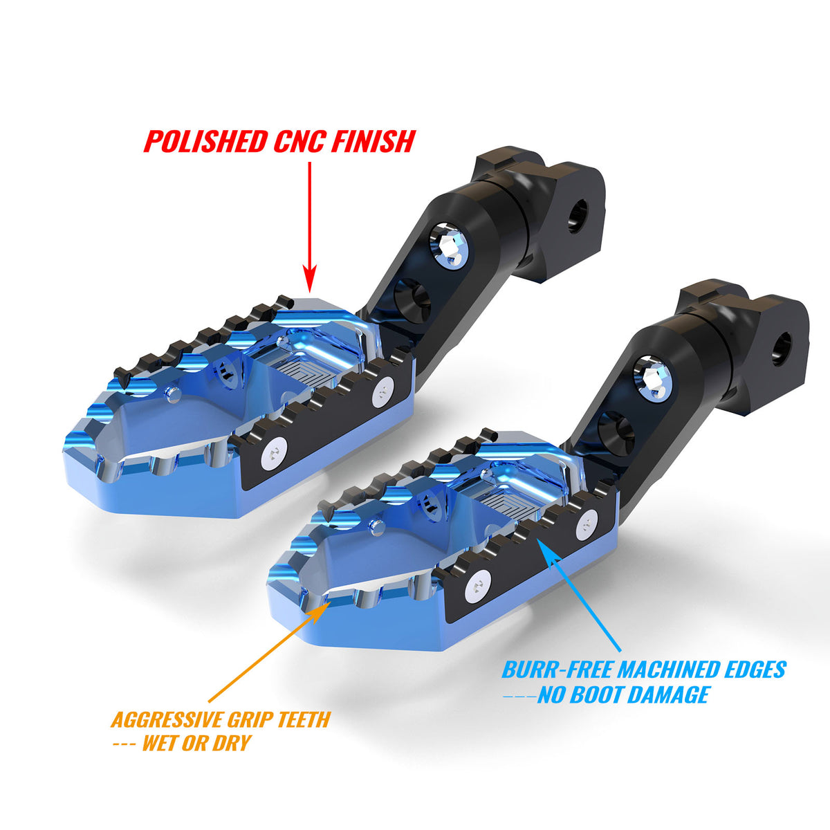 Front view of MC Motoparts 40mm extension foot pegs for Yamaha Virago XVS250 and XVS400, with wide multi-step design.