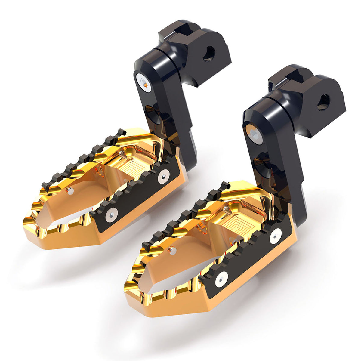 Front view of MC Motoparts 40mm extension touring foot pegs for Tuono 125, 660, 1000 V4R TRC motorcycle with adjustable wide design.