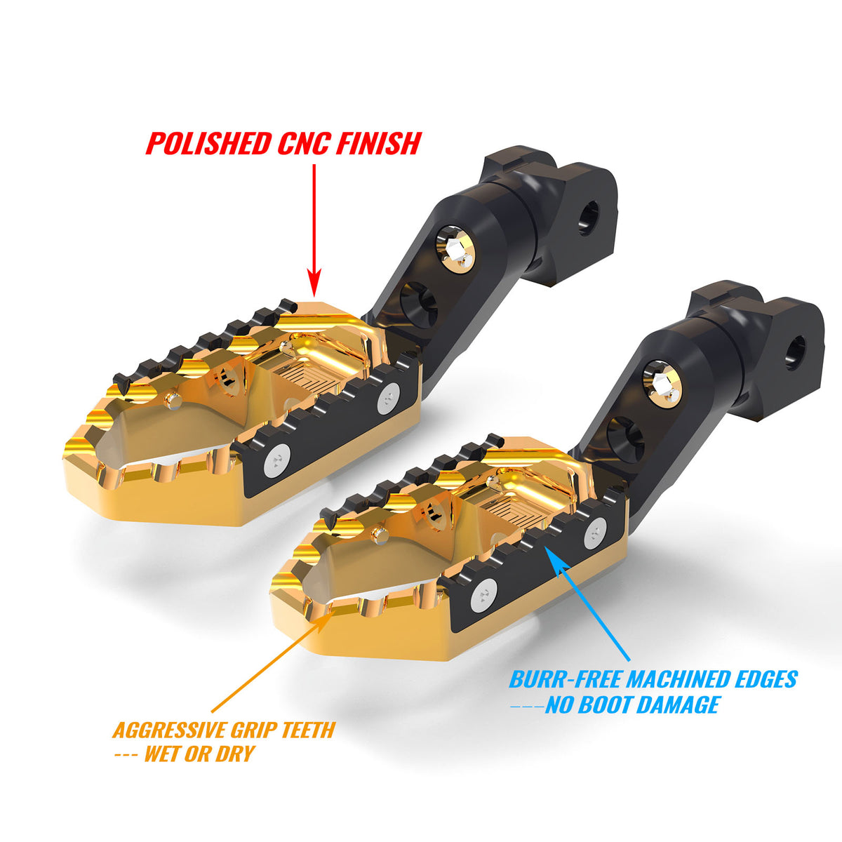 MC Motoparts 40mm extension foot pegs for Yamaha XJR1300, XSR900, TDM850, and TRC touring motorcycle, front view with black finish.