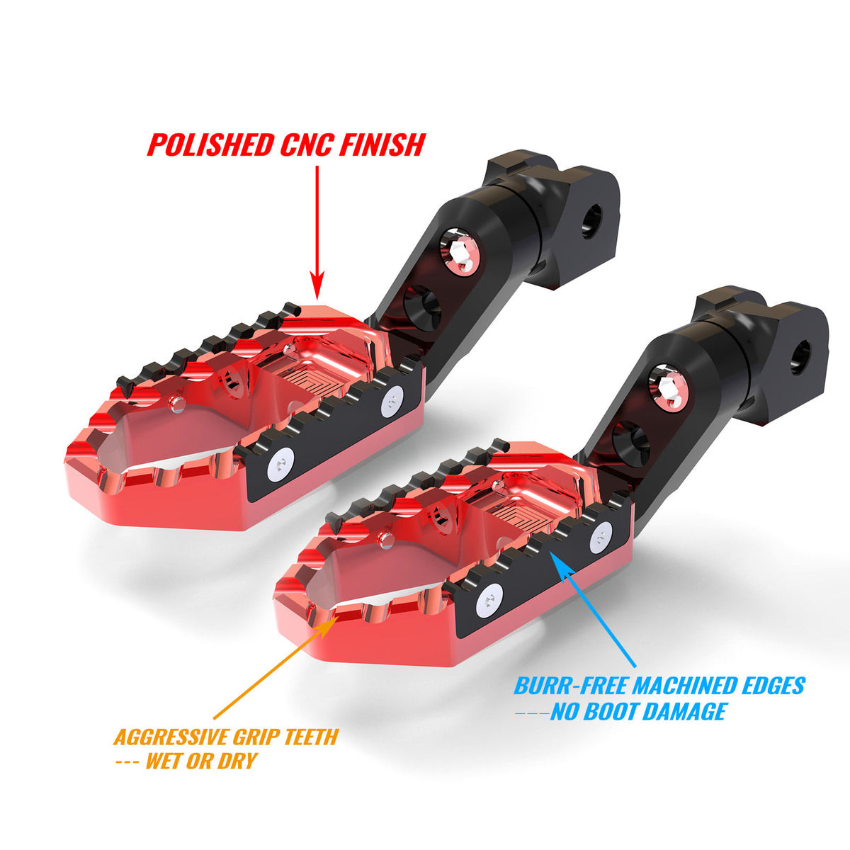 Black MC Motoparts 40mm extension foot pegs for Triumph Speed Triple R and Street Triple TRC, adjustable riding comfort.