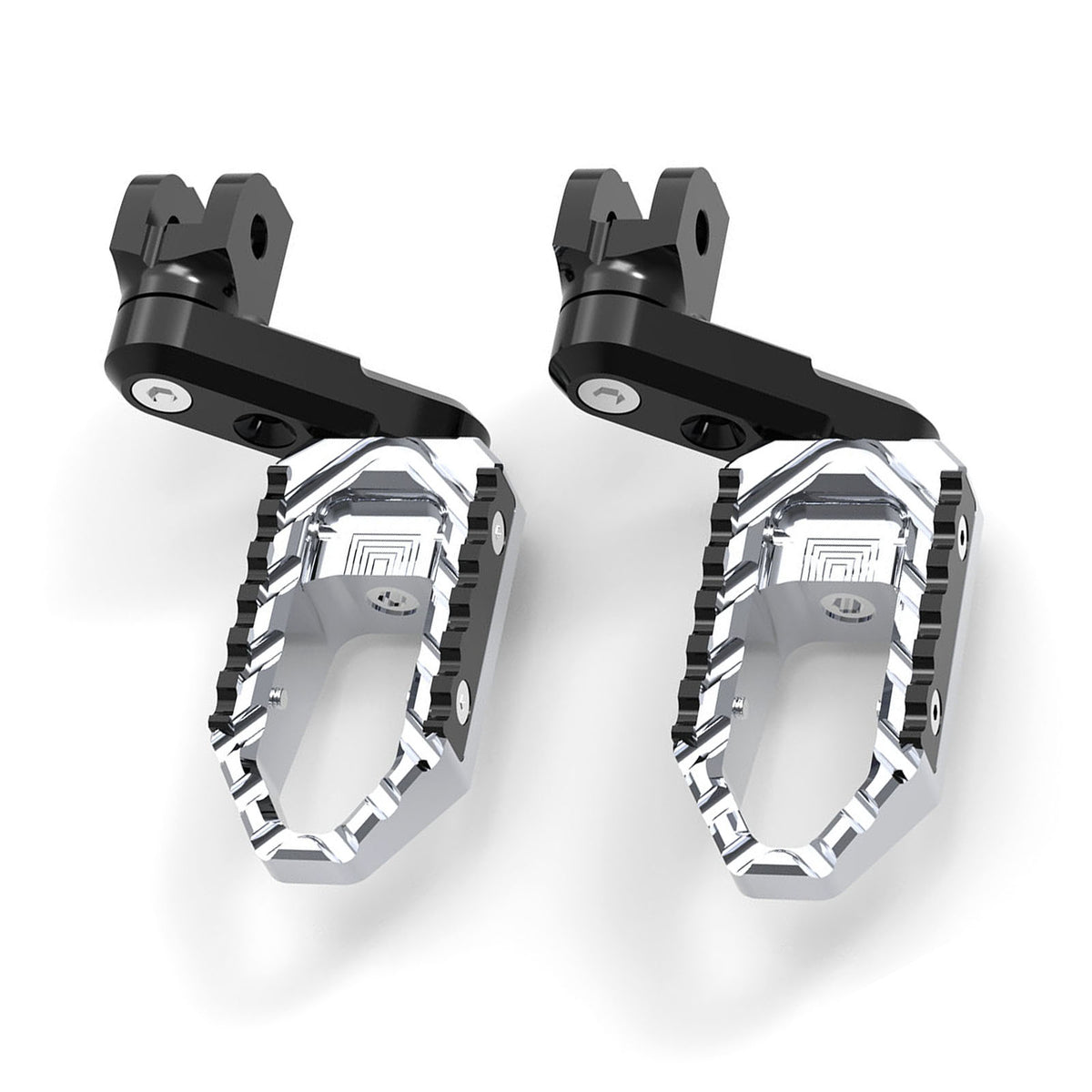 MC Motoparts touring 40mm extension foot pegs for Moto Guzzi V9, V7, V100, adjustable wide footrests, black finish.
