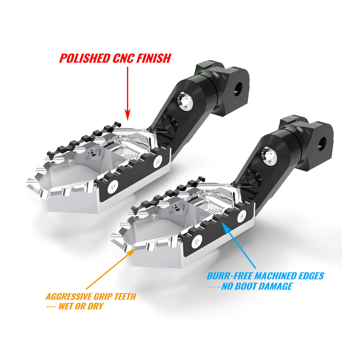 MC Motoparts 40mm extension foot pegs for Aprilia Mana 850 and RSV4 TRC touring motorcycles, adjustable wide foot pegs on black finish.