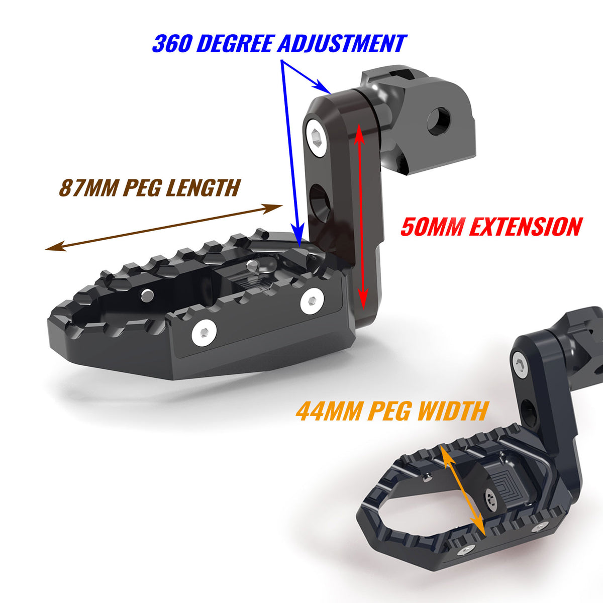 MC Motoparts 40mm extension touring foot pegs for Yamaha MT09, MT07, MT01, and MT10, showing black adjustable foot peg design.