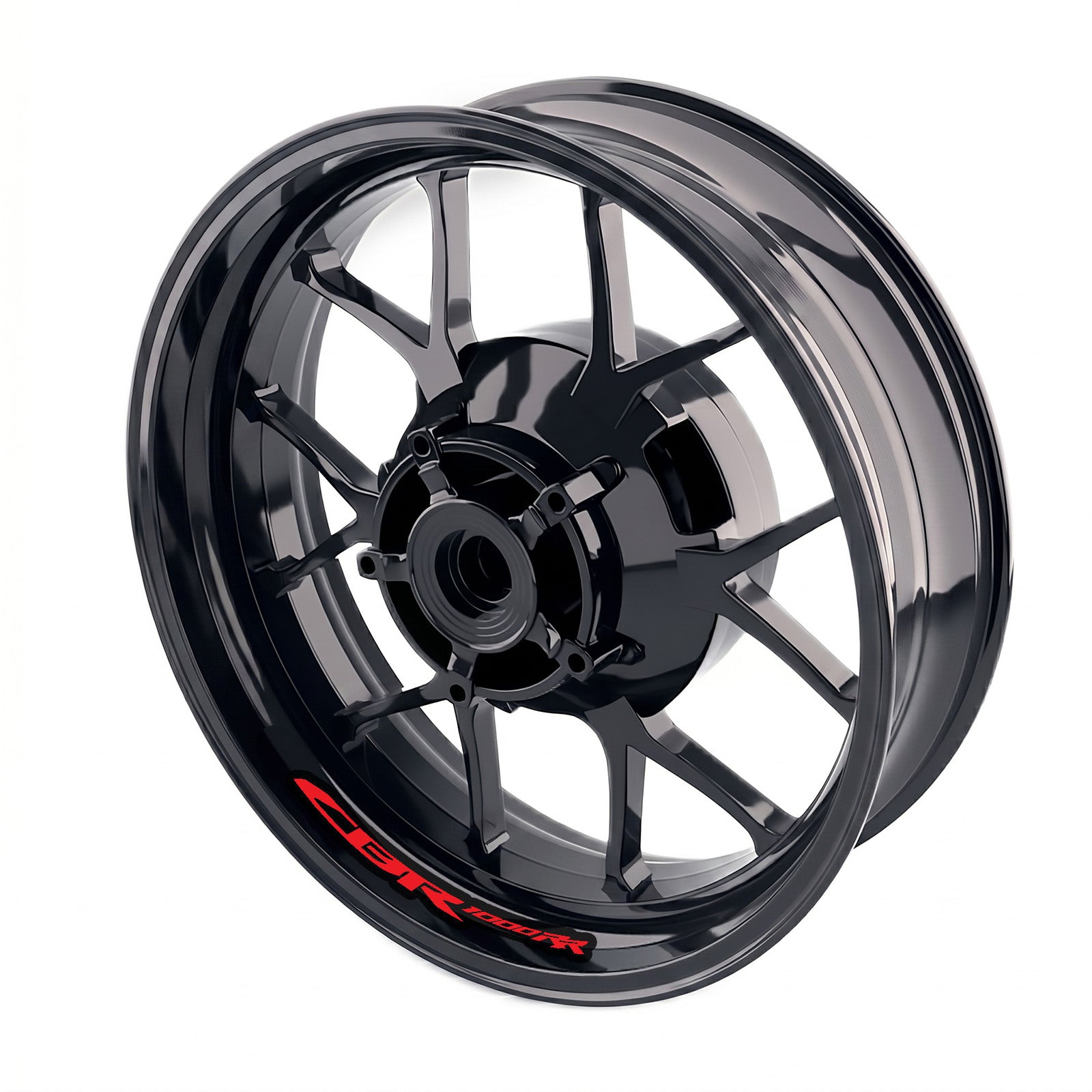 Honda CBR1000RR inner rim sticker set featuring bike-specific wheel decals by StickerBao, showcasing vibrant red rim decals on motorcycle wheels.