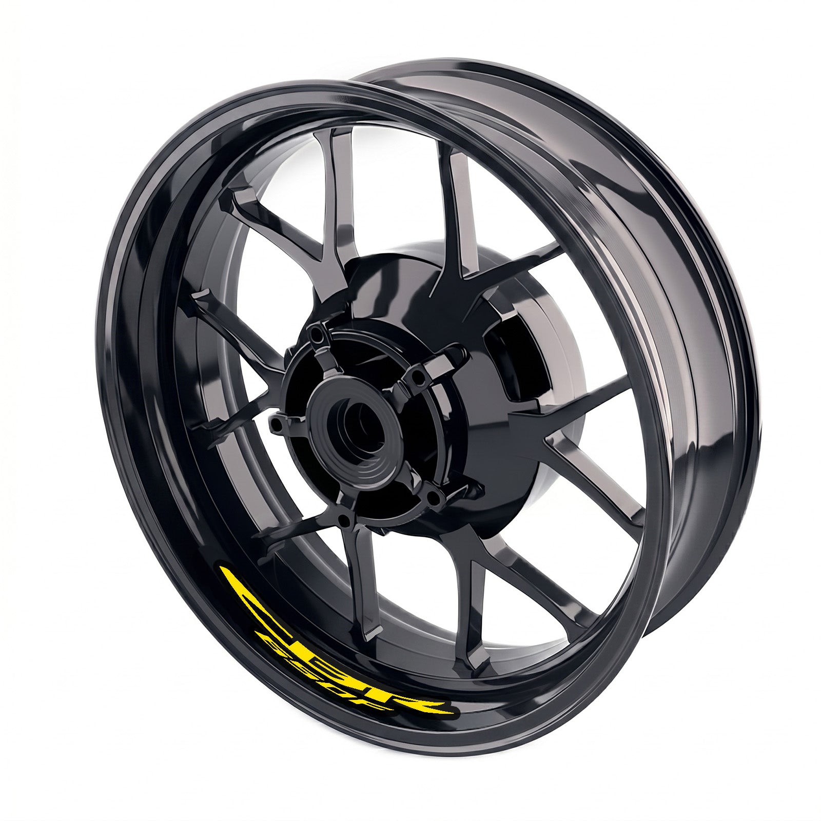 Honda CBR650F wheel stickers and rim decals set by StickerBao, featuring bike-specific inner rim decals on a motorcycle wheel.