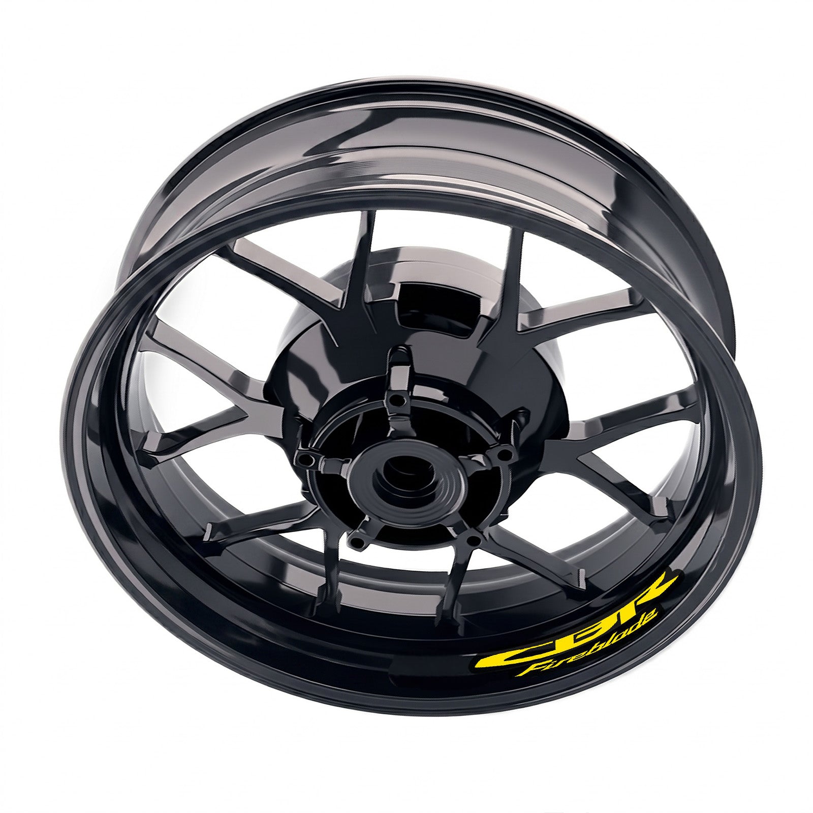 Honda CBR Fireblade wheel stickers and rim decals set by StickerBao, featuring bright yellow inner rim decals on motorcycle wheels.