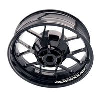 Aprilia Dorsoduro wheel rim sticker set by StickerBao, featuring model-specific decals for 1200, 750, and 900 bikes.
