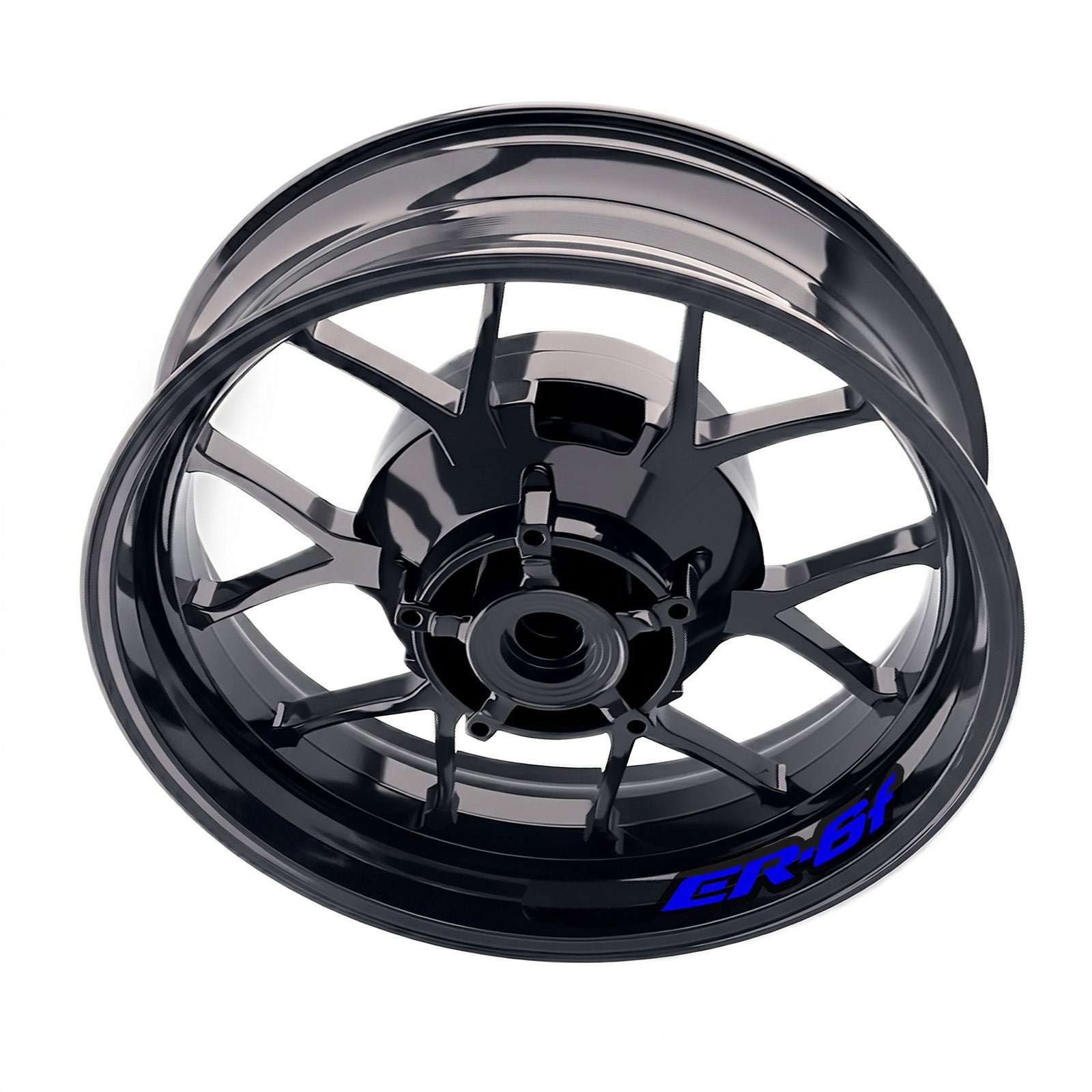Kawasaki ER6F wheel rim sticker set by StickerBao, bike model-specific blue and white decal decals on alloy rims.