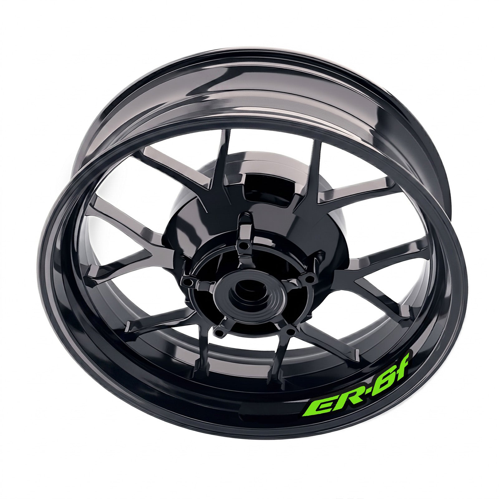 Kawasaki ER6F bike wheel decals, StickerBao inner rim sticker set on a motorcycle wheel with black and green graphics.
