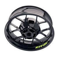 Kawasaki ER6F bike wheel stickers set by StickerBao featuring wheel and rim decals on a motorcycle wheel.