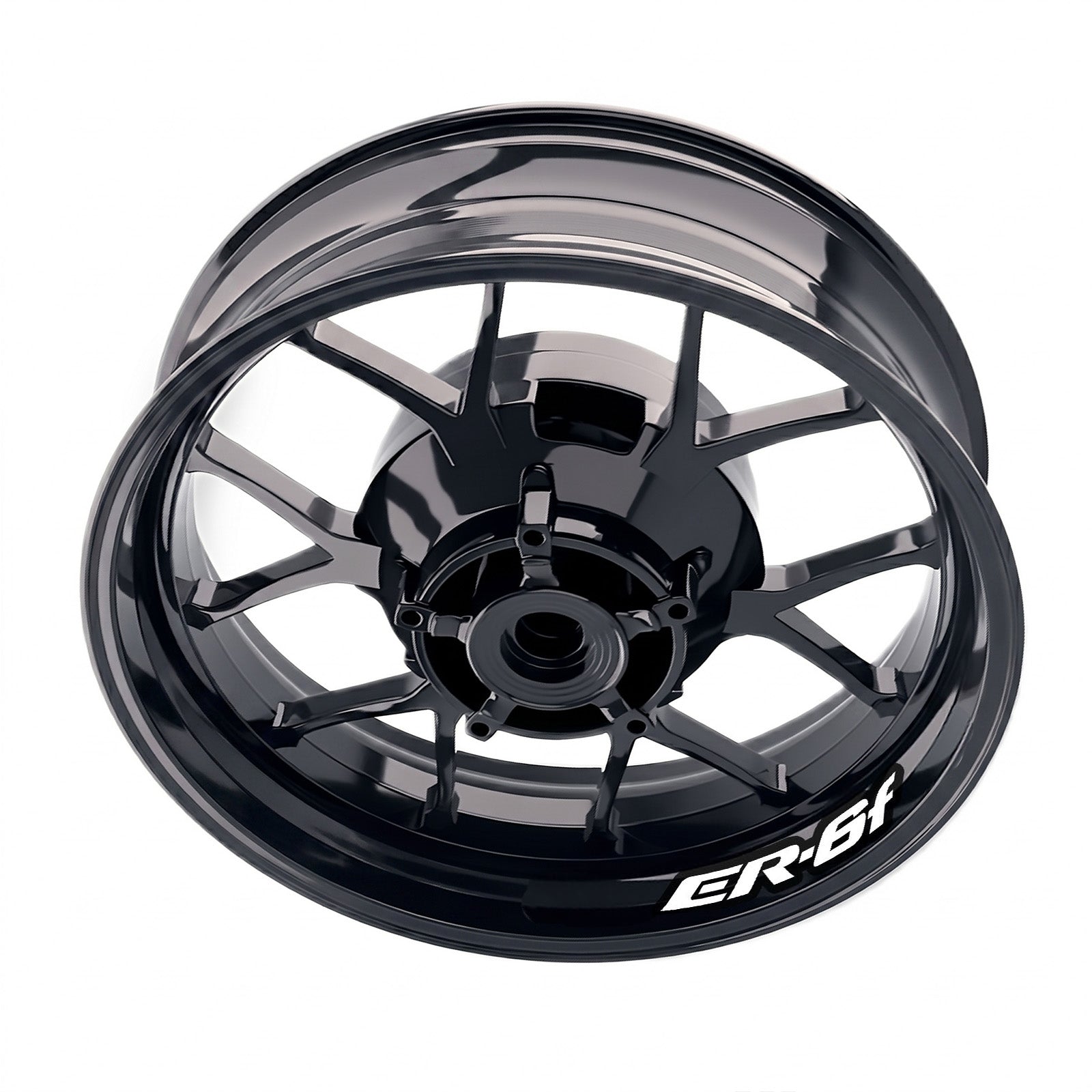 Kawasaki ER6F wheel stickers and rim decals set by StickerBao, featuring bike-specific inner rim stickers on a motorcycle wheel.