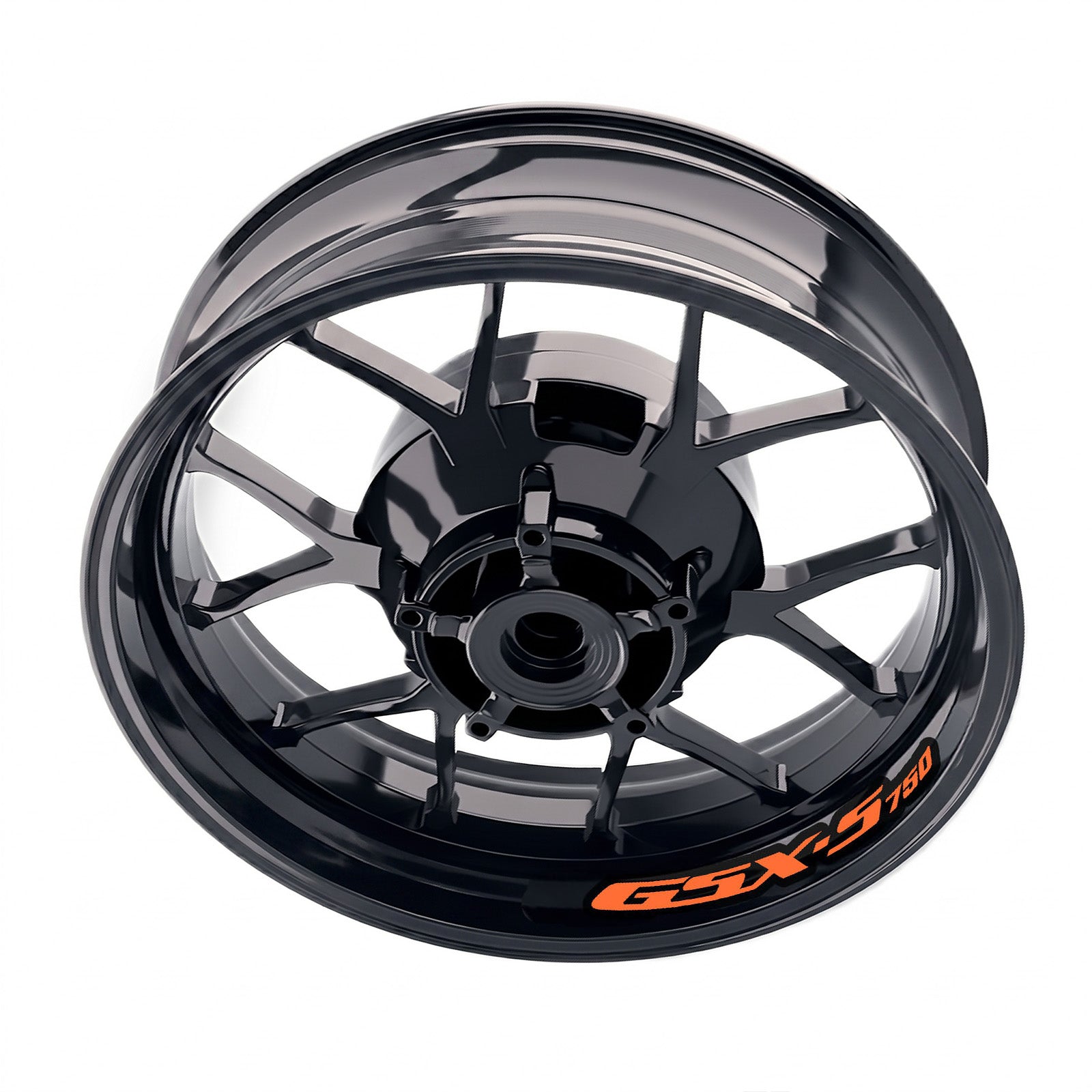 Suzuki GSXS 750 inner rim sticker set by StickerBao, bike model-specific wheel decals with orange and white design on alloy rims.