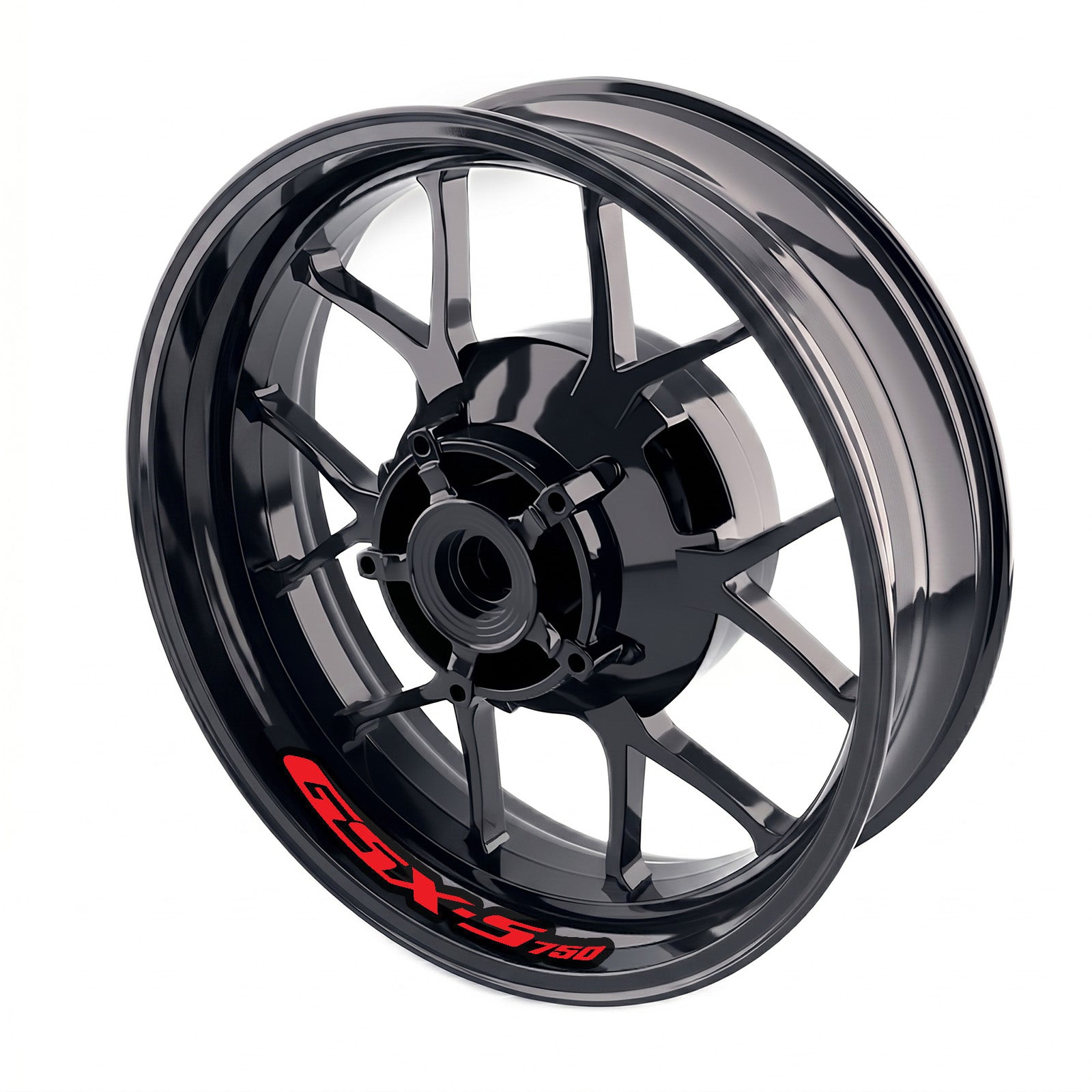 Suzuki GSXS 750 wheel inner rim sticker set by StickerBao showing red decals on bike wheels for rim customization.