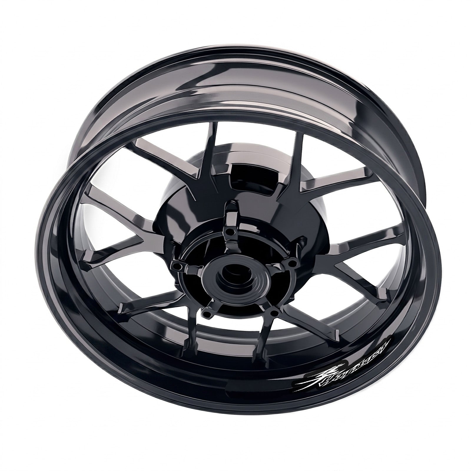 Suzuki GSX1300R Hayabusa wheel stickers set by StickerBao, featuring bike-specific inner rim decals on a motorcycle wheel.