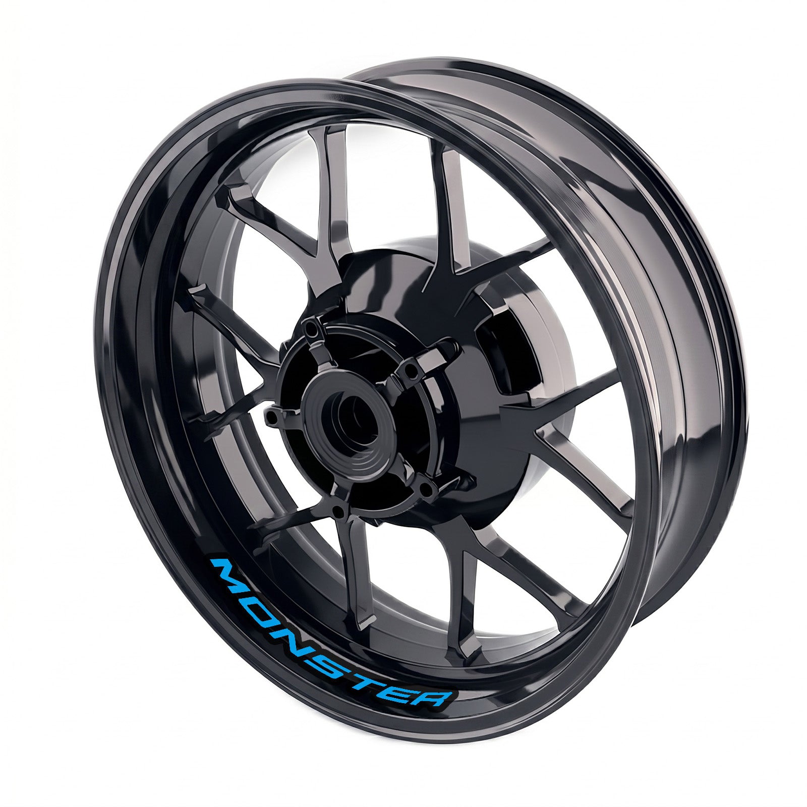 Ducati Monster 1000 inner rim sticker set by StickerBao, bike-specific wheel decals on black rims for enhanced motorcycle style.