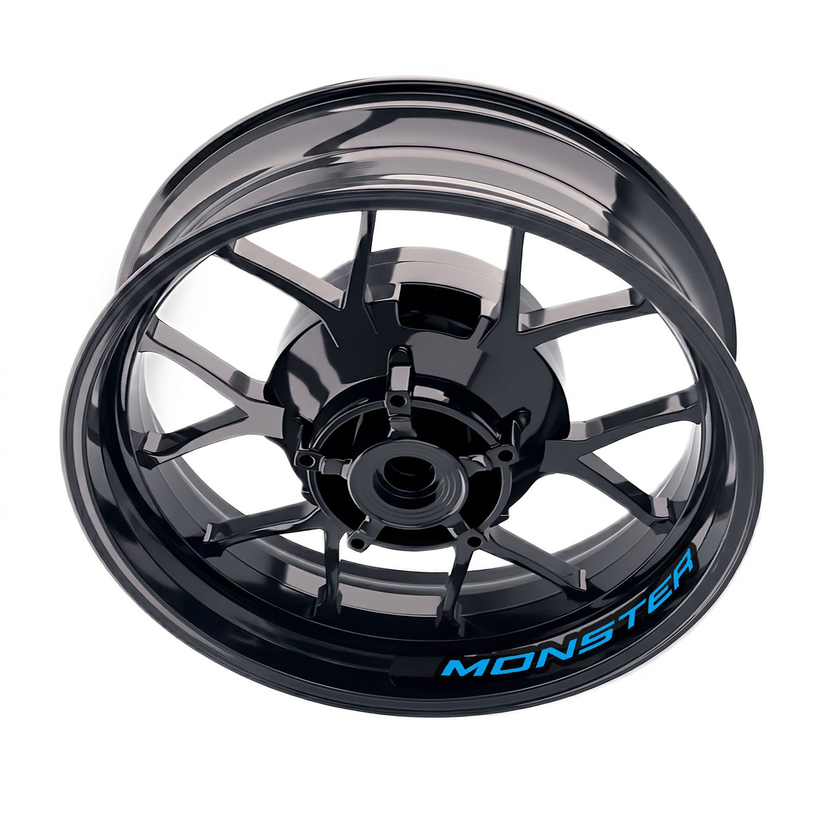 Ducati Monster 400 wheel stickers and rim decals set by StickerBao, featuring bike-specific inner rim decals on silver wheels.