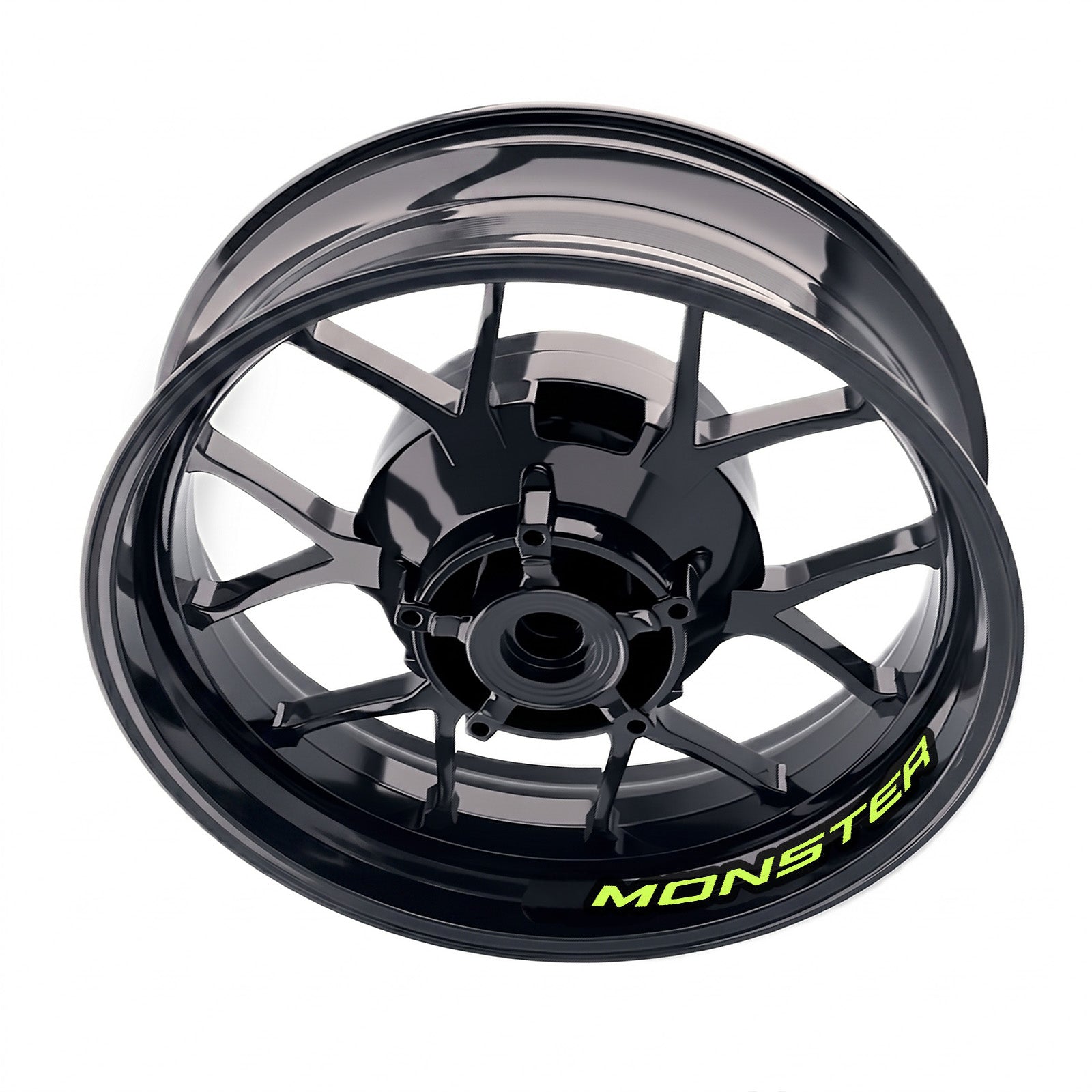 Ducati Monster 1000 inner rim sticker set by StickerBao, featuring custom wheel decals on motorcycle spokes and rims.